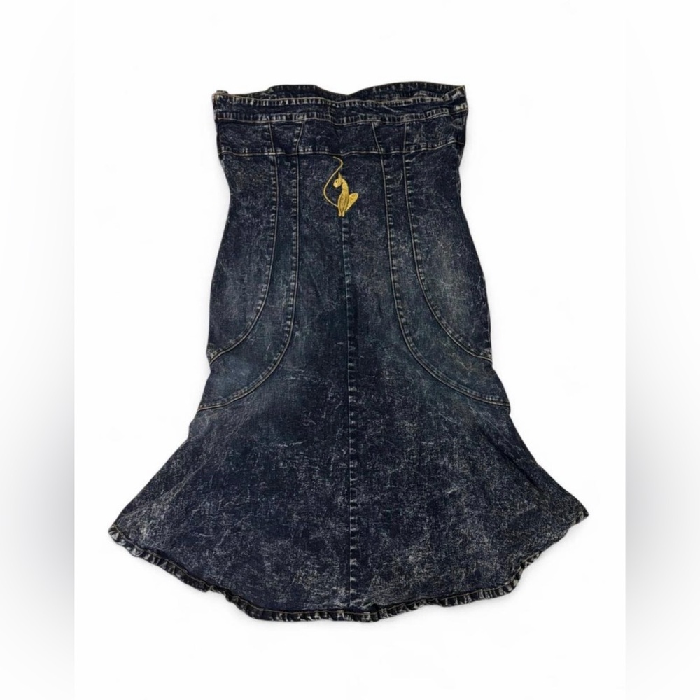 Vintage Baby Phat Denim Dress Sz 16 Strapless Mermaid Acid Wash Stretch Midi Y2K